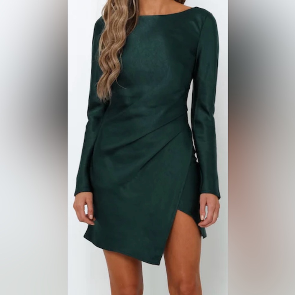 NWT Hello Molly Long Sleeve Dark Green Satin Dress